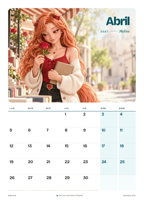 Abril del calendario 2027: Melisa, el día del libro, con una rosa
