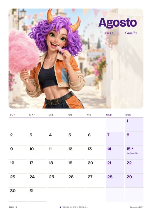 Agosto del calendario 2027: Camila, las fiestas del pueblo