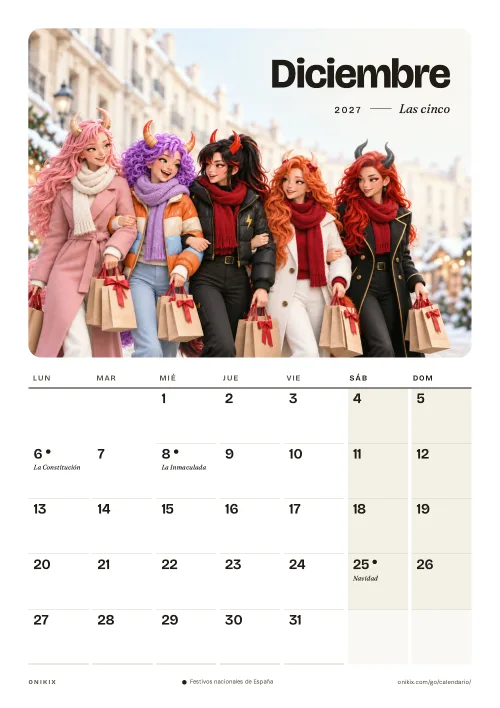 Diciembre del calendario 2027: Las cinco, el mercadillo de navidad