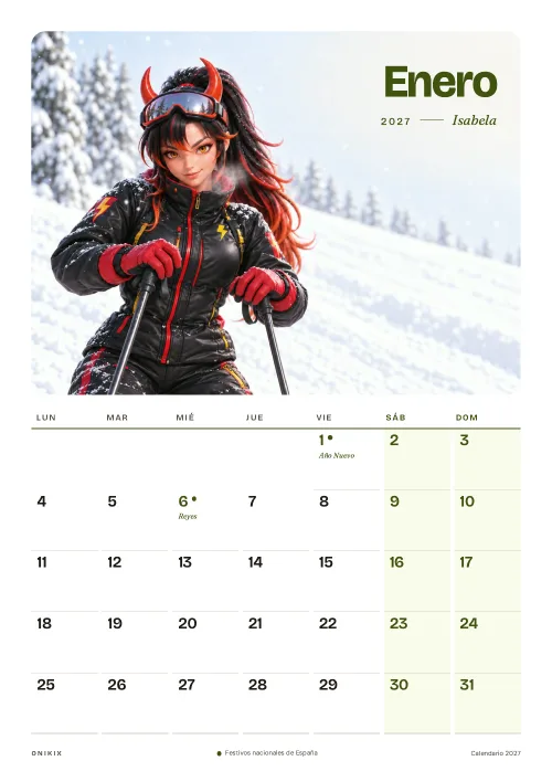 Enero del calendario 2027: Isabela, la primera bajada del año, en la nieve