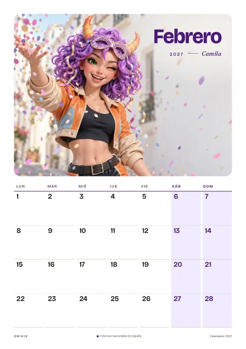 Febrero del calendario 2027: Camila, carnaval, con antifaz y confeti