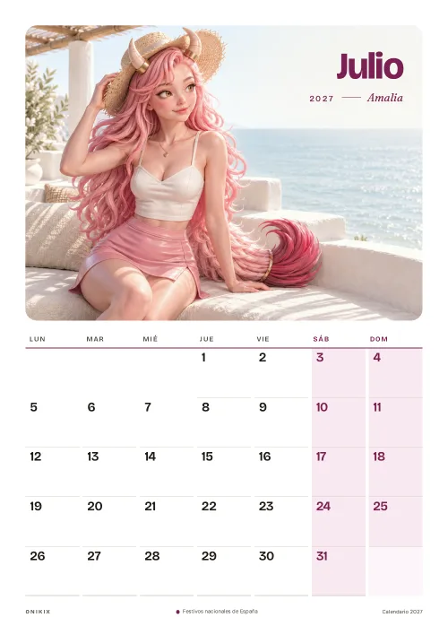 Julio del calendario 2027: Amalia, una terraza frente al mar