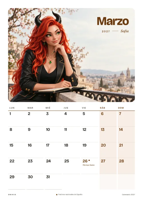 Marzo del calendario 2027: Sofía, los almendros en flor