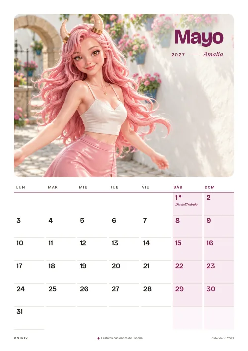 Mayo del calendario 2027: Amalia, un patio lleno de flores