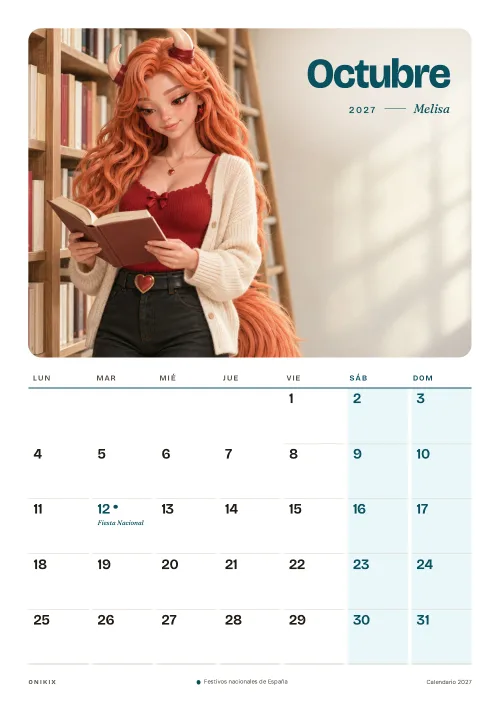 Octubre del calendario 2027: Melisa, una librería en otoño