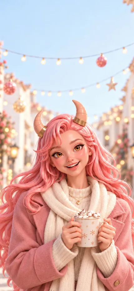 Fondo de pantalla de Navidad de Amalia de ONIKIX: chocolate caliente bajo las luces de su calle