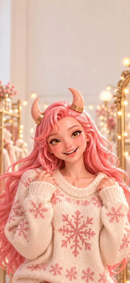 Fondo de pantalla de Navidad de Amalia de ONIKIX: probándose un jersey navideño