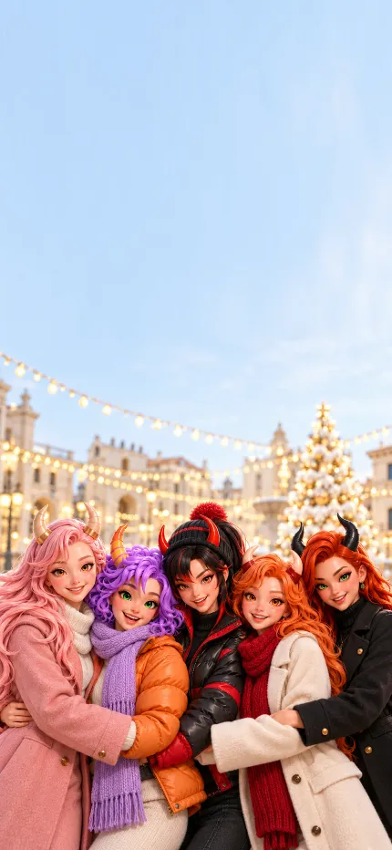 Fondo de pantalla de Navidad de las cinco de ONIKIX: abrazadas en la plaza, bajo las luces