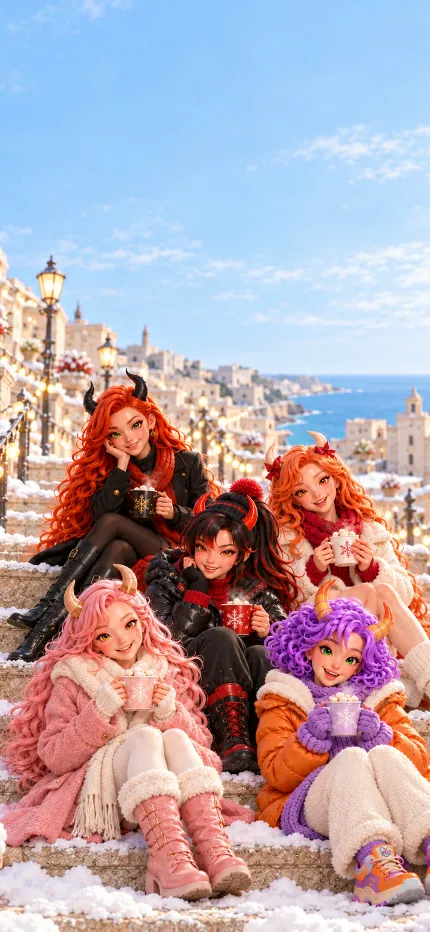 Fondo de pantalla de Navidad de las cinco de ONIKIX: en la escalinata nevada, con chocolate