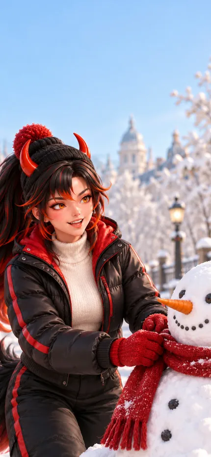 Fondo de pantalla de Navidad de Isabela de ONIKIX: haciendo un muñeco de nieve