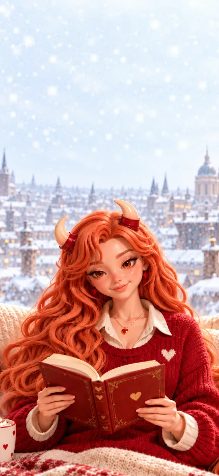 Fondo de pantalla de Navidad de Melisa de ONIKIX: un libro junto a la ventana, mientras nieva