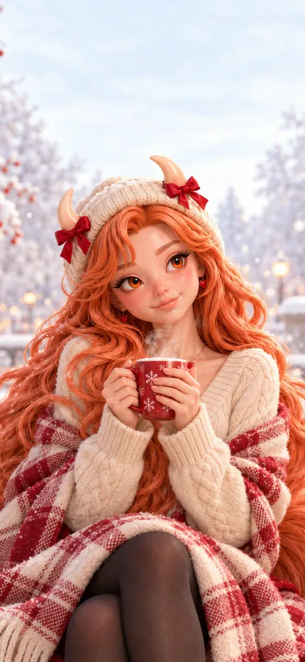 Fondo de pantalla de Navidad de Melisa de ONIKIX: envuelta en una manta, mirando la nieve