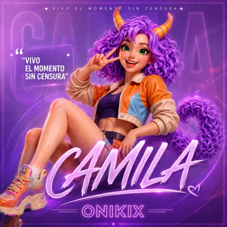 Camila de ONIKIX®, personaje 3D con pelo violeta rizado, ojos verdes, cuernos coral y chaqueta naranja, mostrando una pose alegre y espontánea con la frase “Vivo el momento sin censura”.