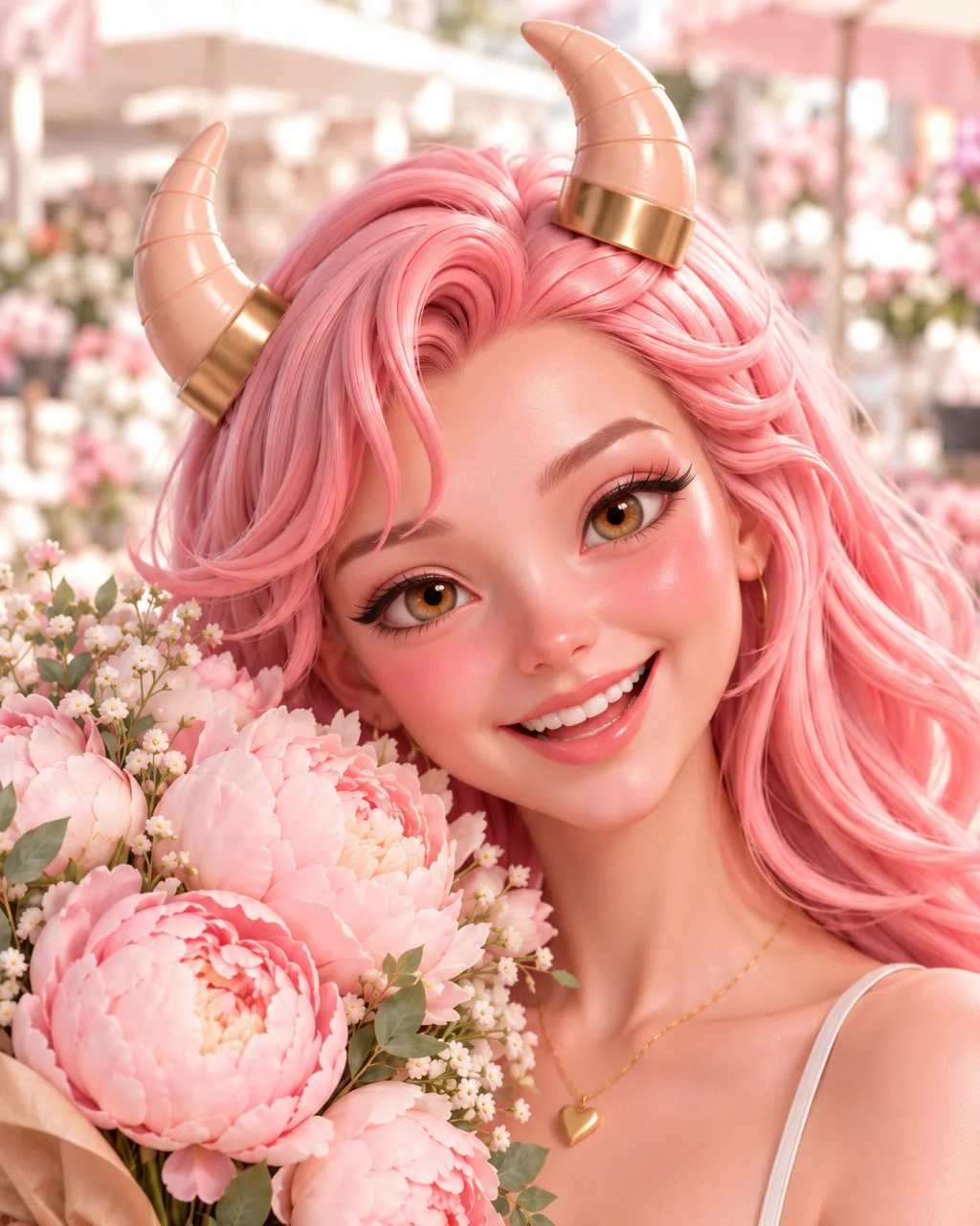 Amalia con un ramo de peonías en un mercado de flores