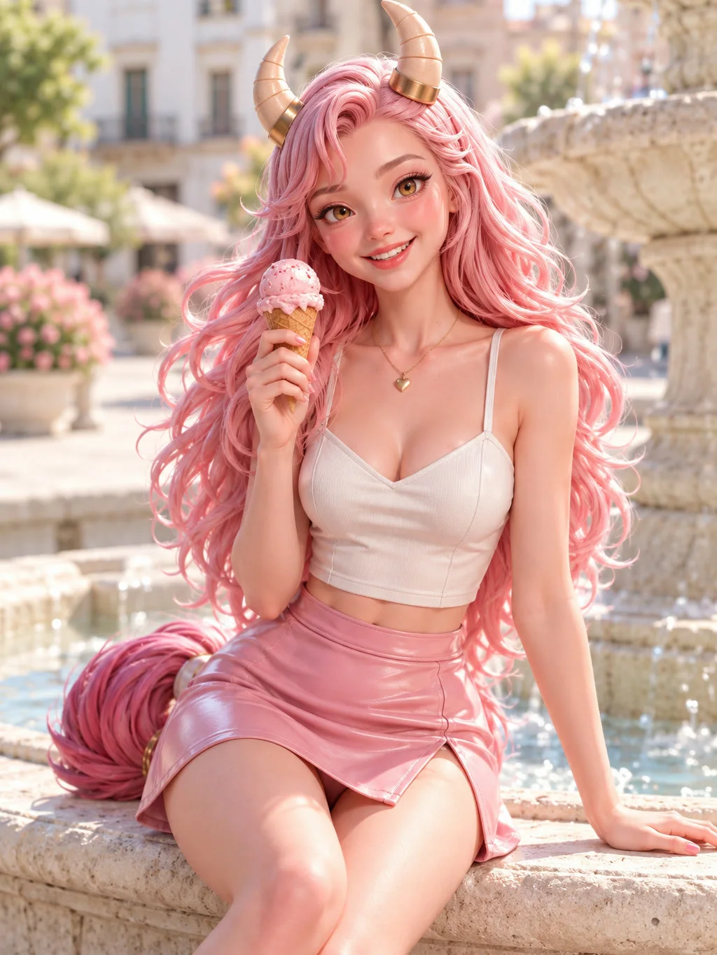 Amalia sentada en una fuente de piedra con un helado de fresa