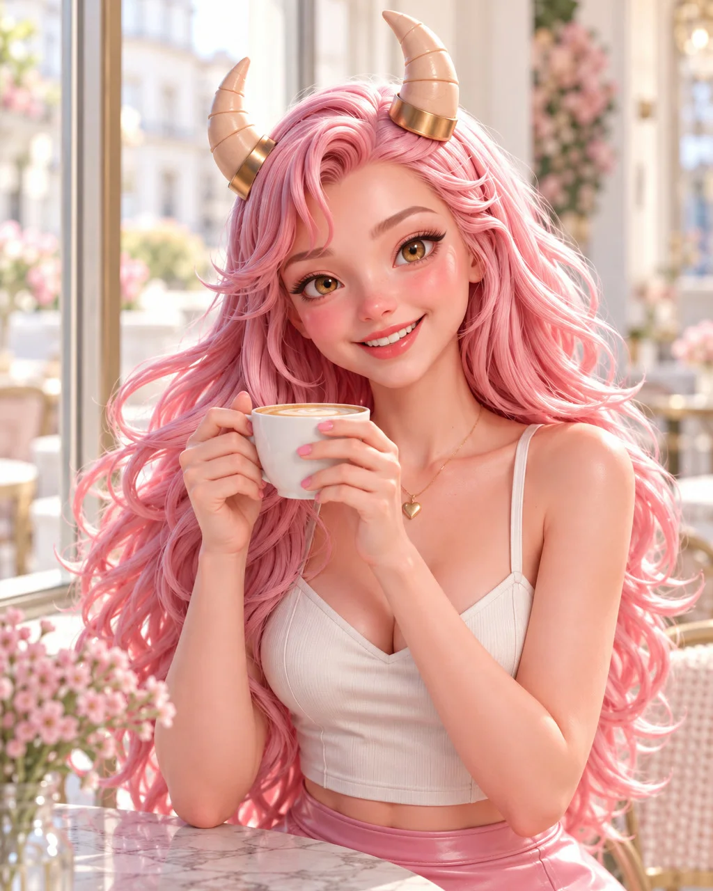 Amalia riéndose con una taza en una cafetería luminosa