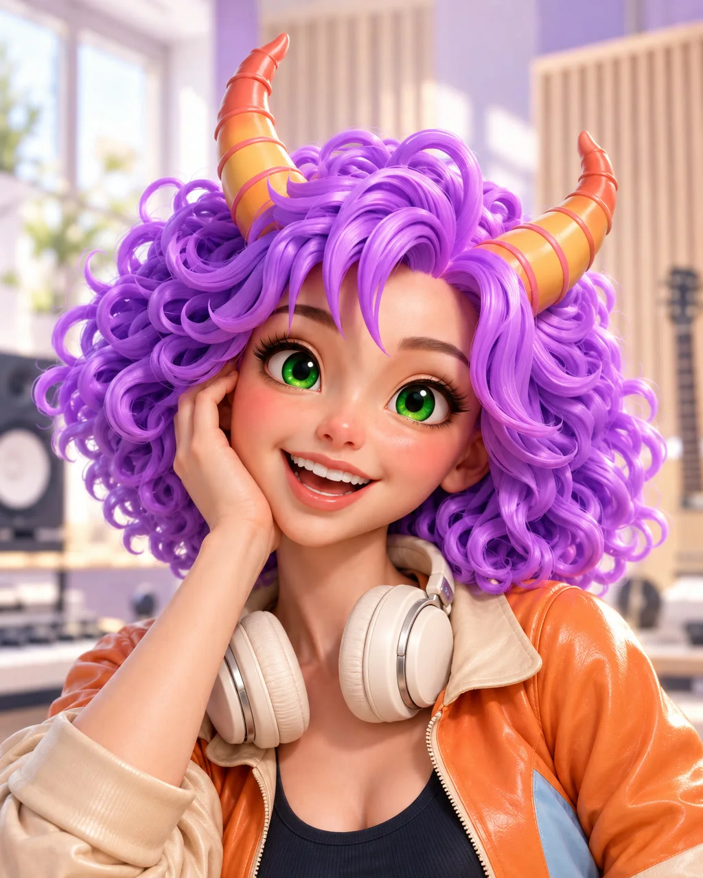 Camila riéndose con unos cascos al cuello en un estudio de música