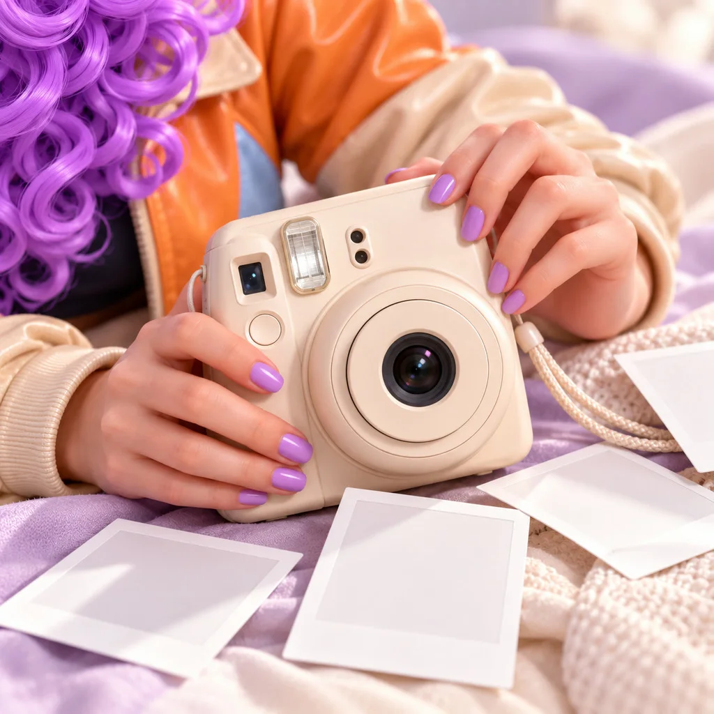 Detalle de las manos de Camila con una cámara instantánea