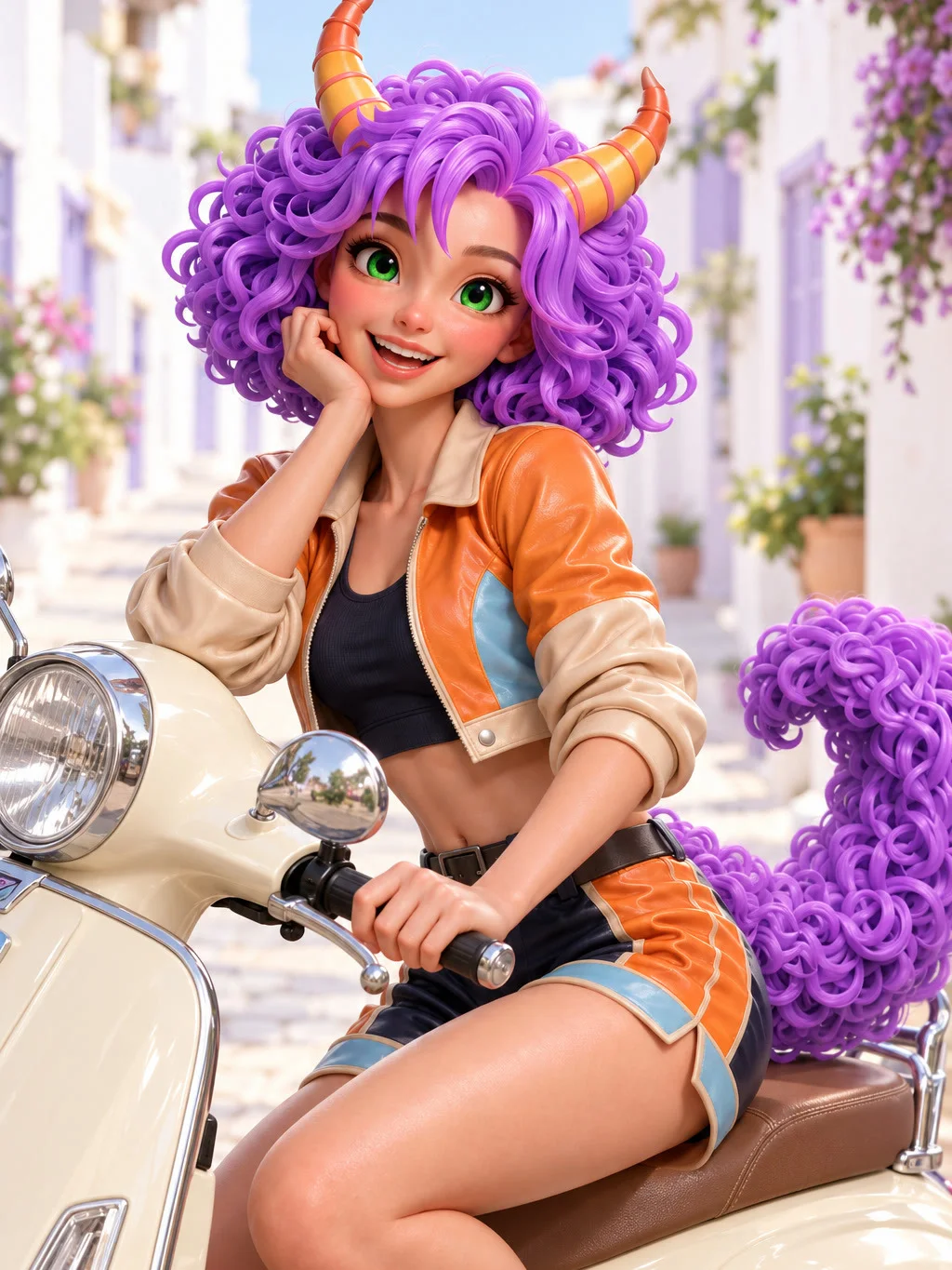 Camila sentada en una vespa en una calle encalada