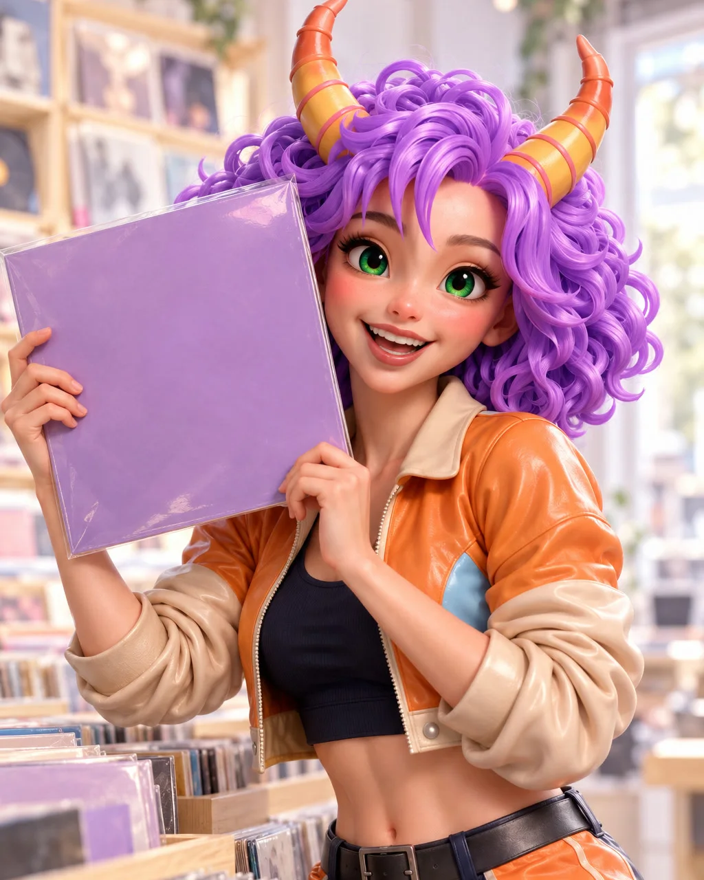 Camila con un vinilo lila en una tienda de discos