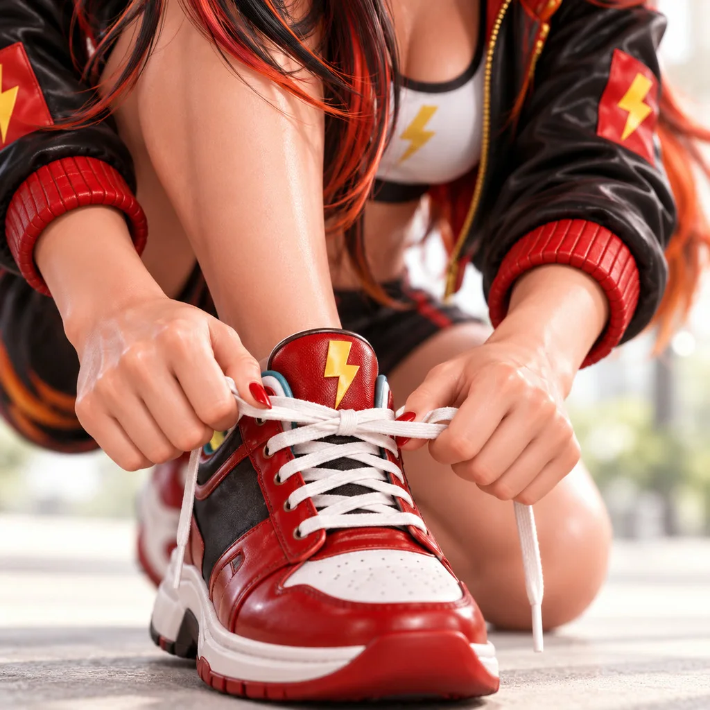Detalle de las manos de Isabela atándose las zapatillas