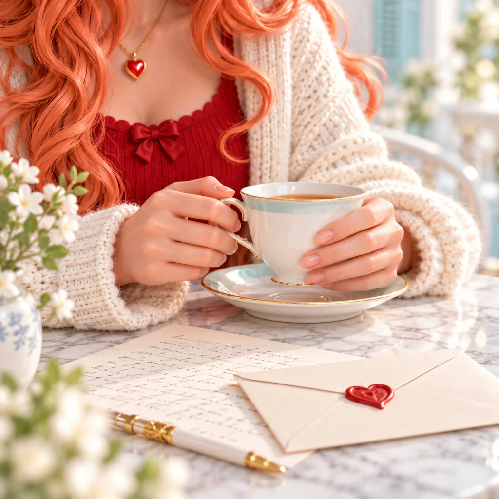 Detalle de las manos de Melisa con una taza de té y una carta lacrada