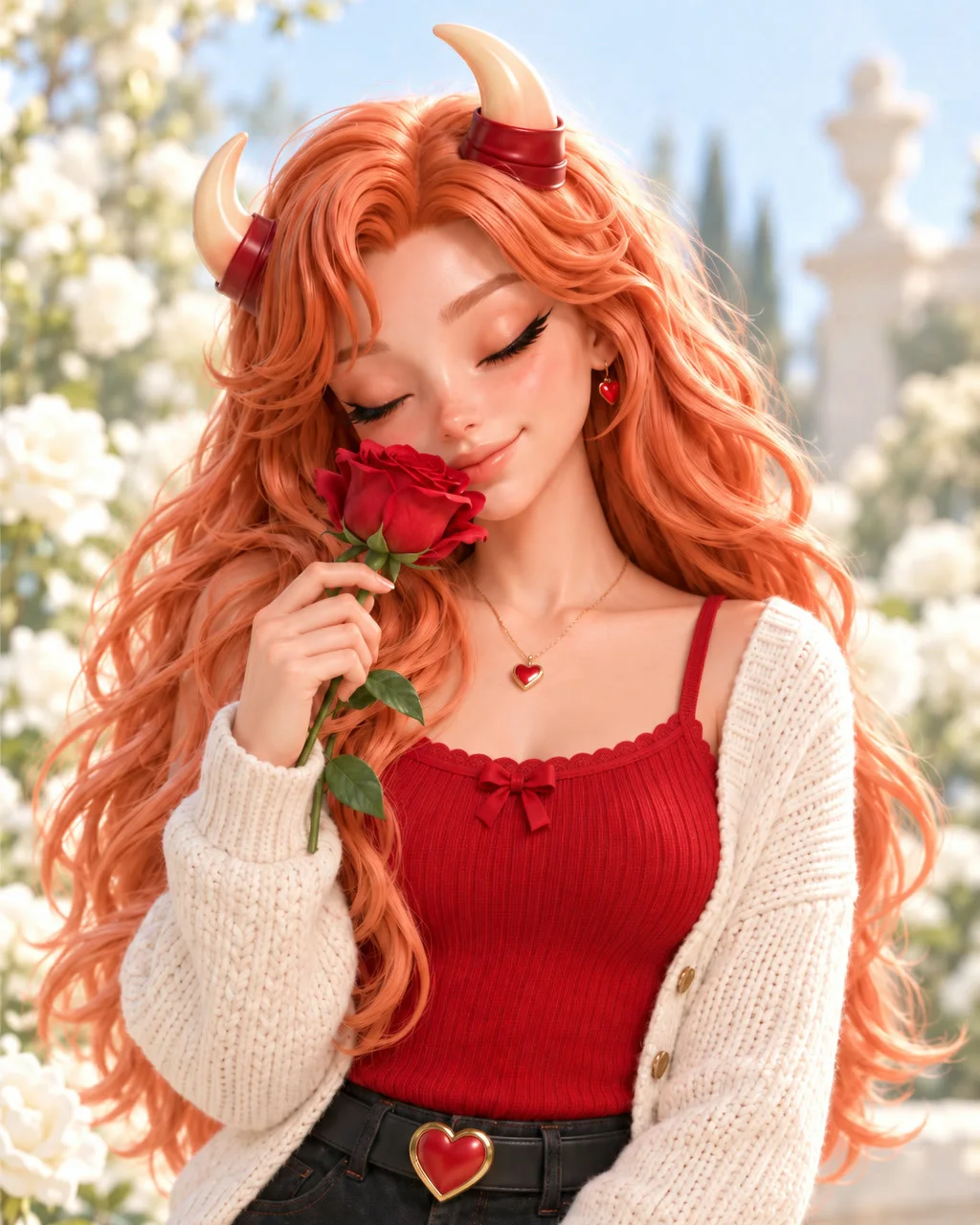 Melisa oliendo una rosa roja en un jardín de rosales blancos