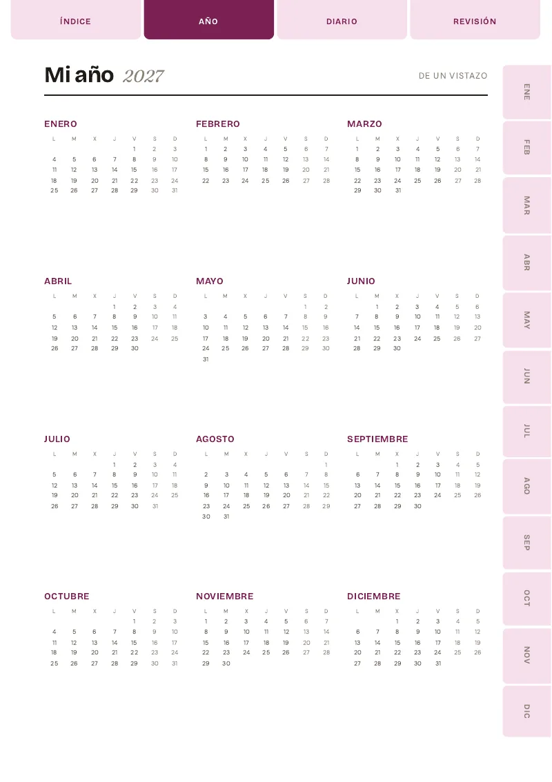Vista del año completo del diario personal digital 2027 de Amalia