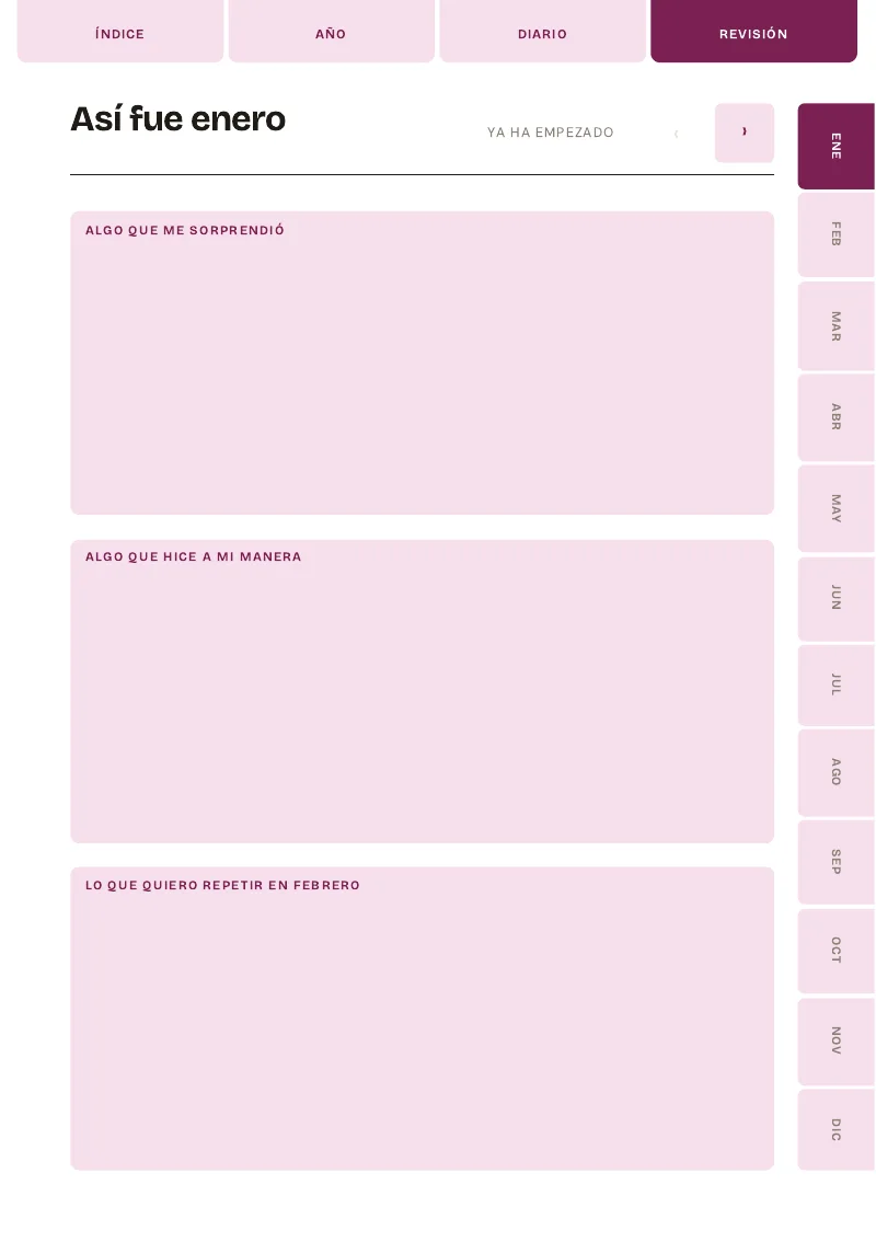 Página de revisión mensual del diario personal digital 2027 de Amalia