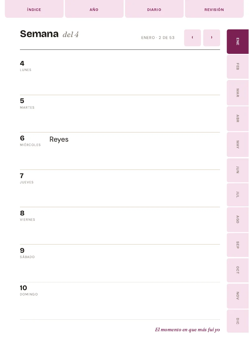 Vista semanal con los siete días del diario personal digital 2027 de Amalia