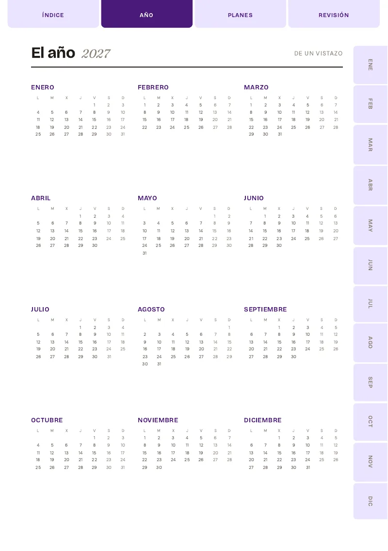 Vista del año completo del planner semanal digital 2027 de Camila