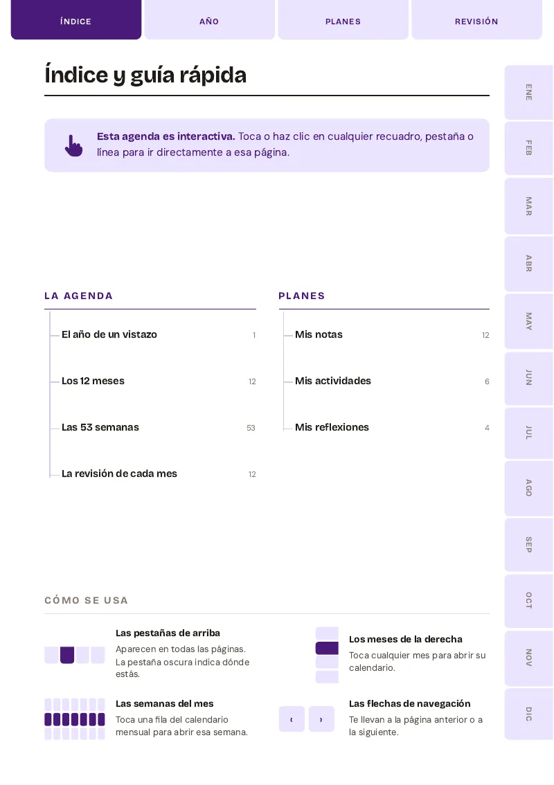 Índice interactivo del planner semanal digital 2027 de Camila, con todas las secciones enlazadas