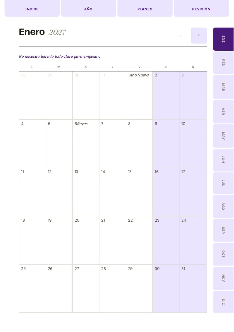 Vista mensual del planner semanal digital 2027 de Camila