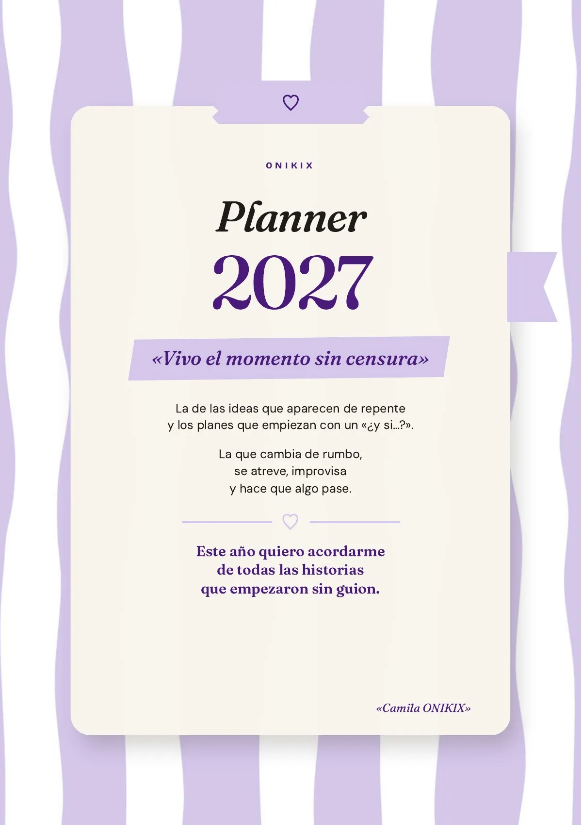 Portada de Planner de Camila, planner semanal digital 2027, con su frase «Vivo el momento sin censura»
