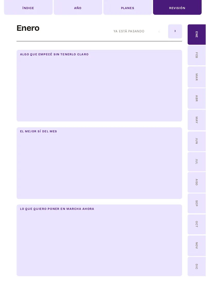 Página de revisión mensual del planner semanal digital 2027 de Camila