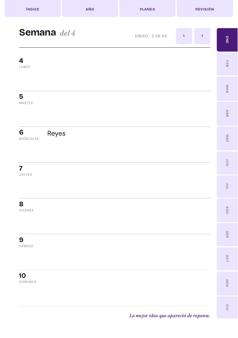 Vista semanal con los siete días del planner semanal digital 2027 de Camila