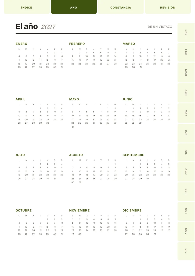 Vista del año completo de la agenda de rutinas y hábitos 2027 de Isabela