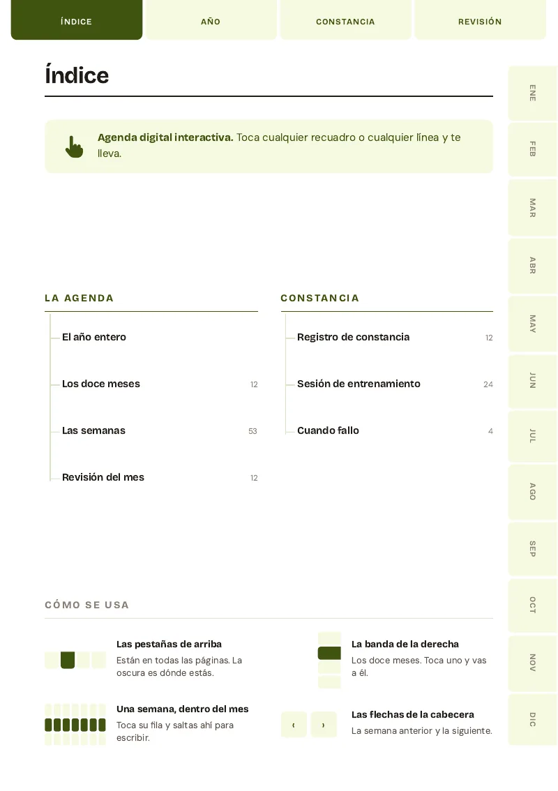 Índice interactivo de la agenda de rutinas y hábitos 2027 de Isabela, con todas las secciones enlazadas