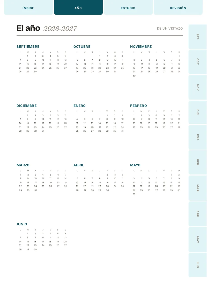 Vista del año completo de la agenda escolar 2026-2027 de Melisa