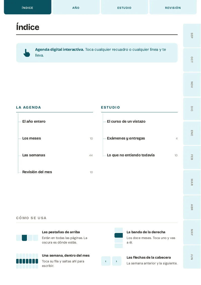 Índice interactivo de la agenda escolar 2026-2027 de Melisa, con todas las secciones enlazadas