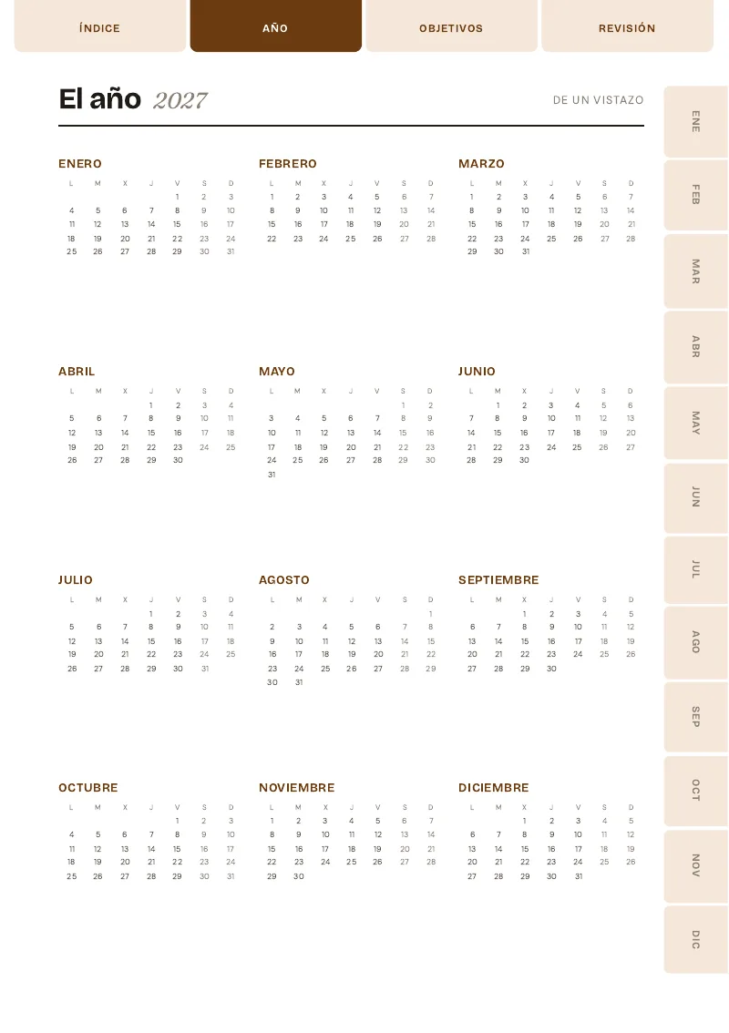 Vista del año completo de la agenda de productividad 2027 de Sofía