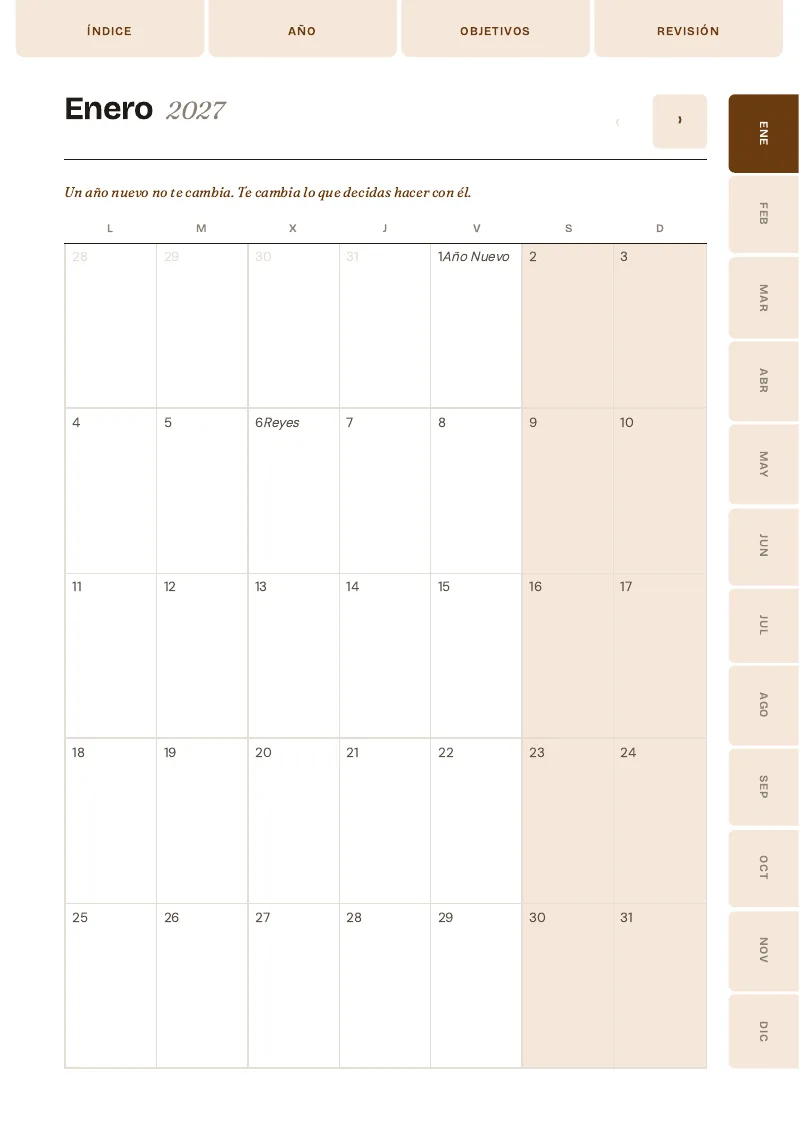 Vista mensual de la agenda de productividad 2027 de Sofía