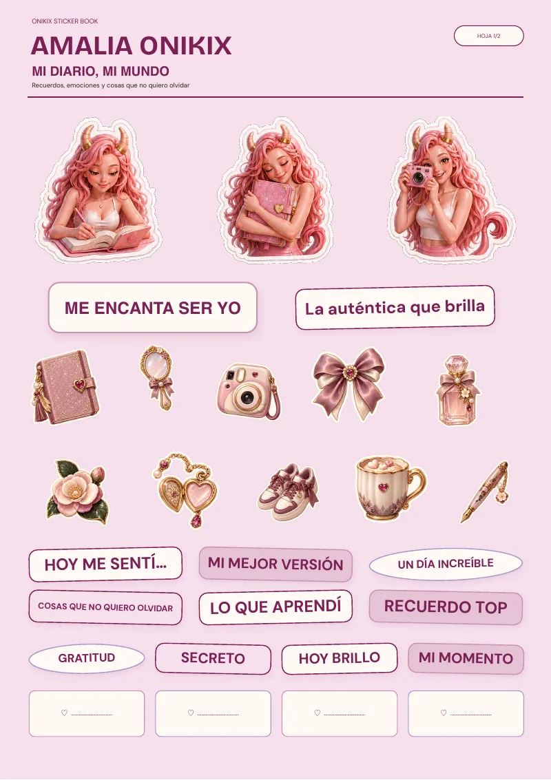 Primera hoja de pegatinas de Amalia — La auténtica que brilla, del Sticker Book gratuito de ONIKIX