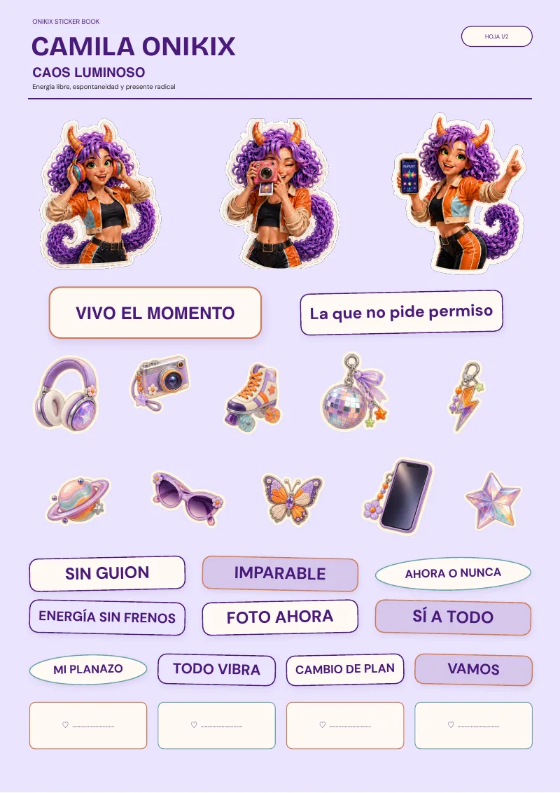 Primera hoja de pegatinas de Camila — La que no pide permiso, del Sticker Book gratuito de ONIKIX