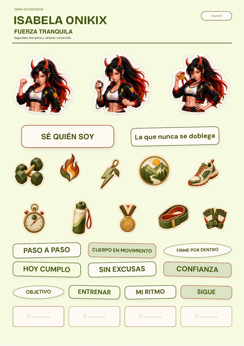 Primera hoja de pegatinas de Isabela — La que nunca se doblega, del Sticker Book gratuito de ONIKIX