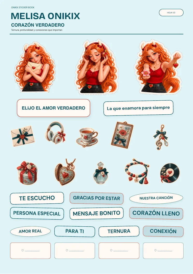 Primera hoja de pegatinas de Melisa — La que enamora para siempre, del Sticker Book gratuito de ONIKIX