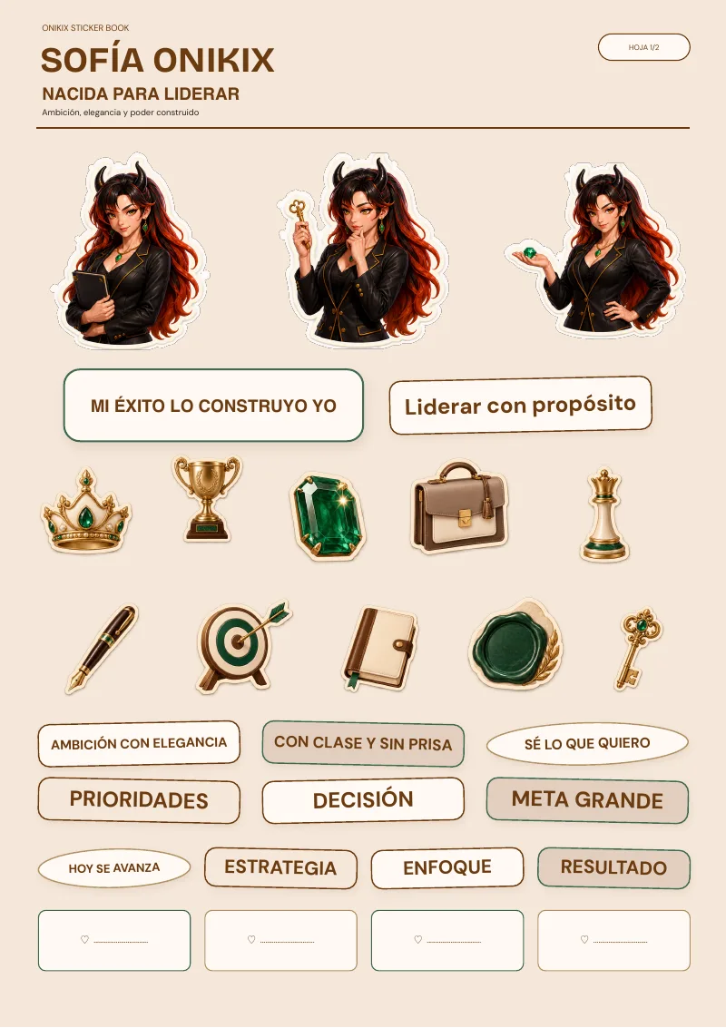 Primera hoja de pegatinas de Sofía — La que nació para liderar, del Sticker Book gratuito de ONIKIX
