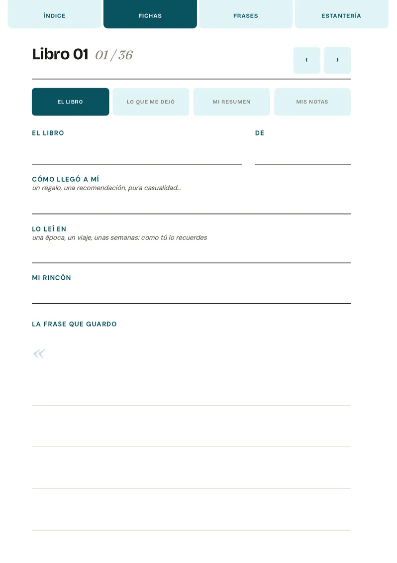 Página «El libro» del diario de lectura de ONIKIX, con los campos de título, autoría y la frase que se guarda