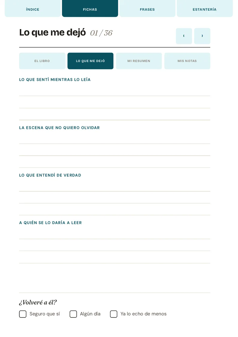 Página «Lo que me dejó» del diario de lectura, con espacio para lo que sentiste y la pregunta ¿Volveré a él?