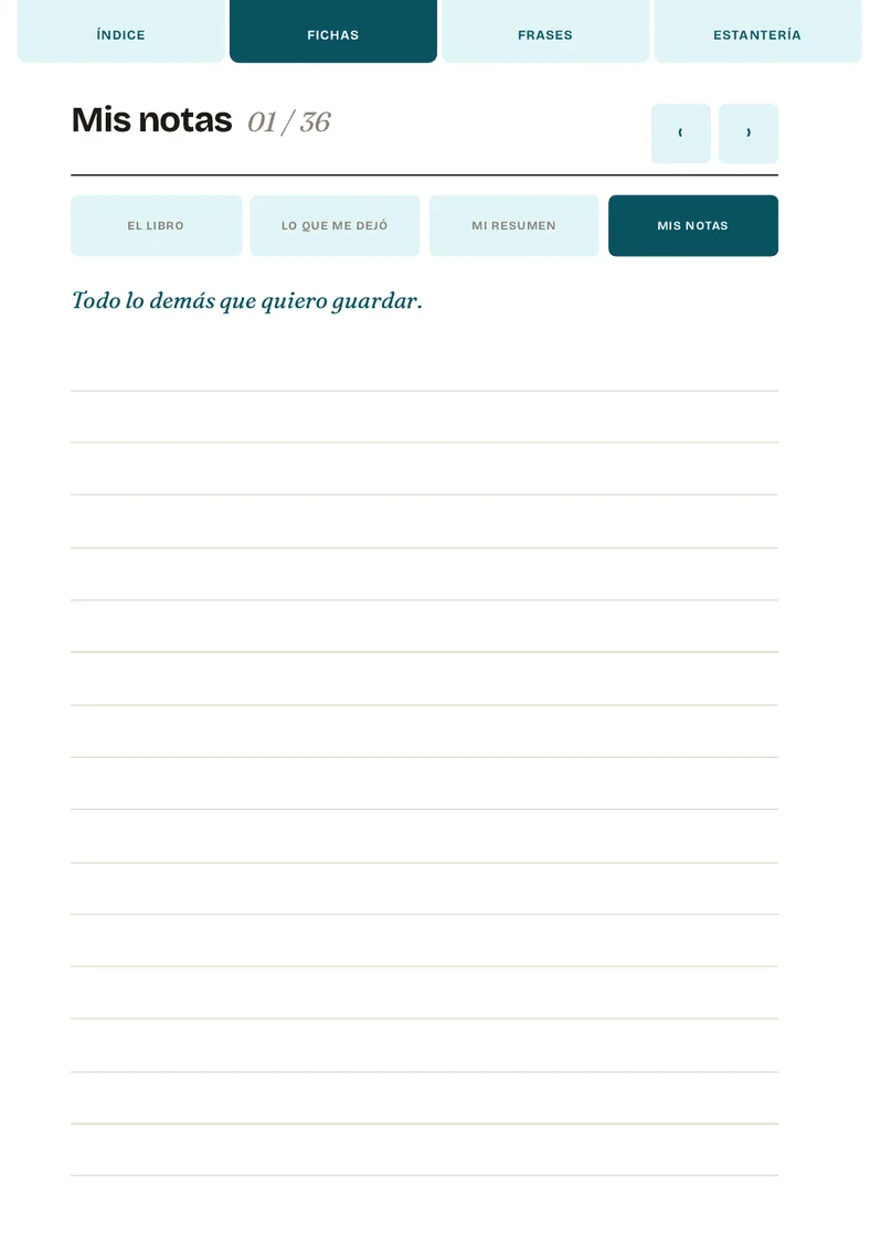 Página «Mis notas» del diario de lectura, hoja libre de renglones para cualquier apunte